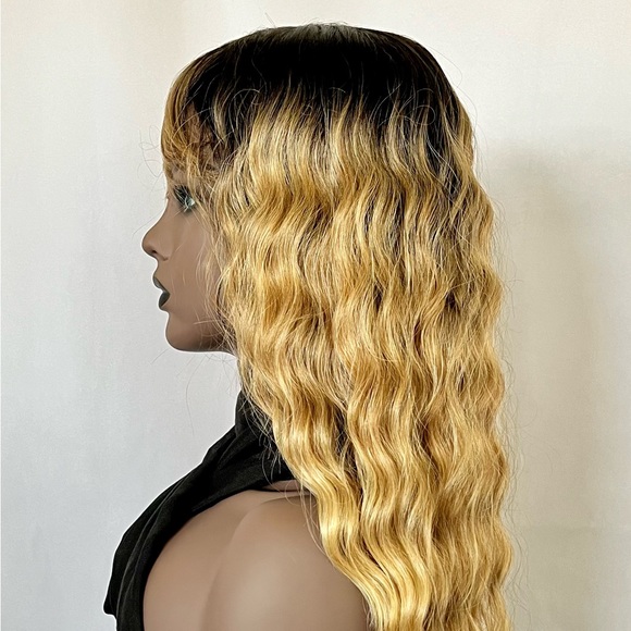 “Put On & Go” Ombre Golden Blonde Premium Fiber Wig with Bangs - Picture 7 of 11
